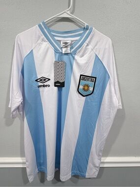 Umbro Argentina Soccer Jersey Mens Small  White Striped NWT V-Neck Shirt
